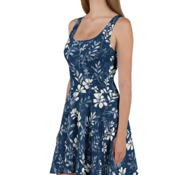 "Navy Blue Floral Skater Dress | Elegant White Leaf Print" Sleeveless A-Line Sundress
