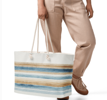 "Cape Cod Quiet Preppy Weekender Bag" – Coastal Watercolor Stripe Oversized Tote, Nautical Rope Handle Beach Bag, New England Summer Travel Bag